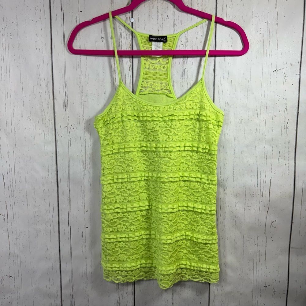 Wet Seal Neon Lime Lace Racerback Tank Top Size M Y2K Coquette Festival Rave
